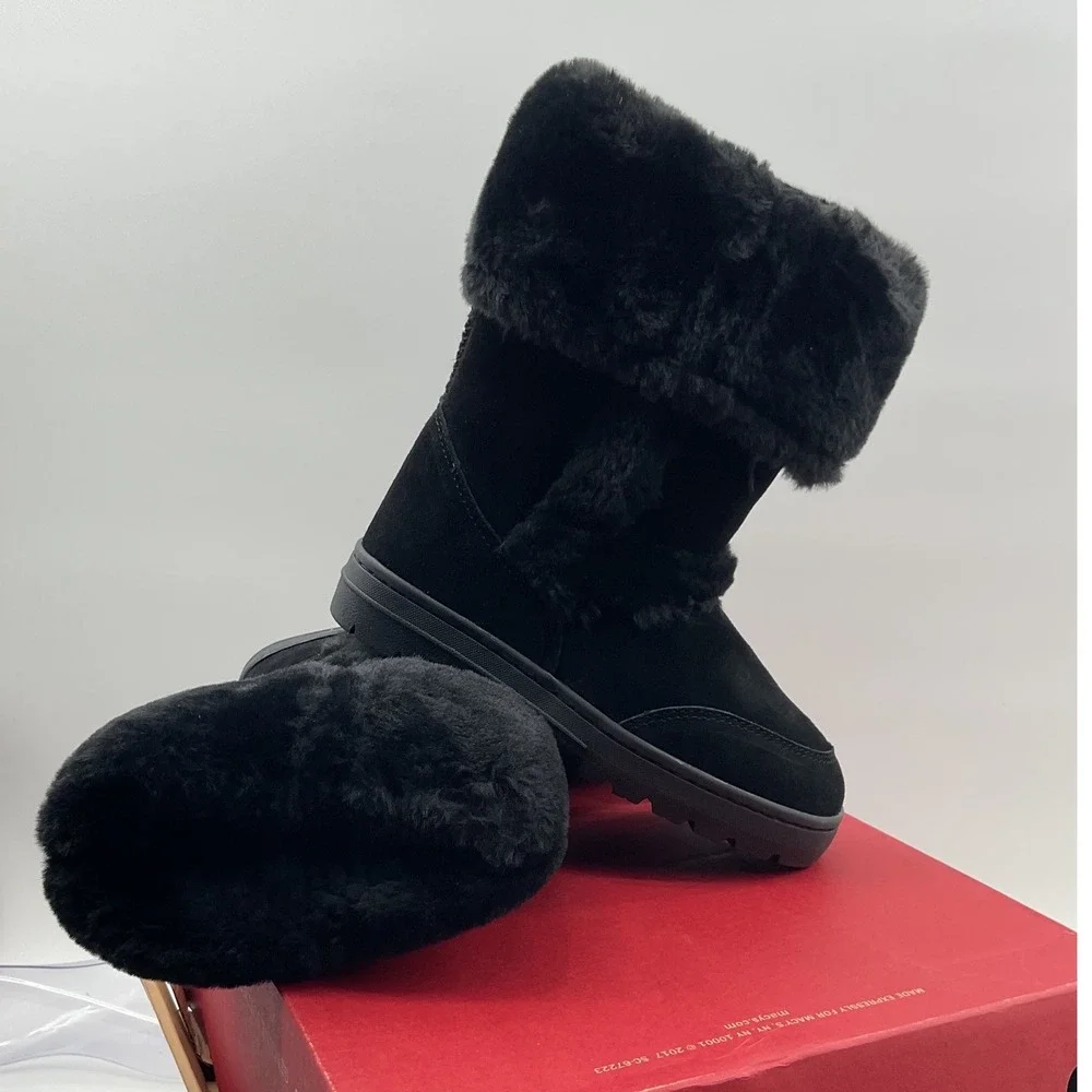 Style & Co Witty Black Suede Faux Fur Trim Mid-Calf Winter Boots Womens 6M